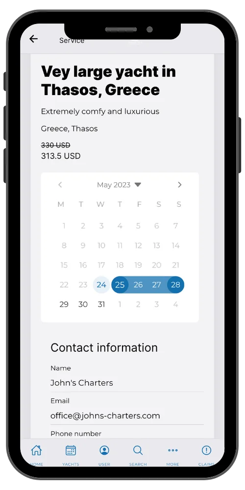 mockup of booking calendar inside app